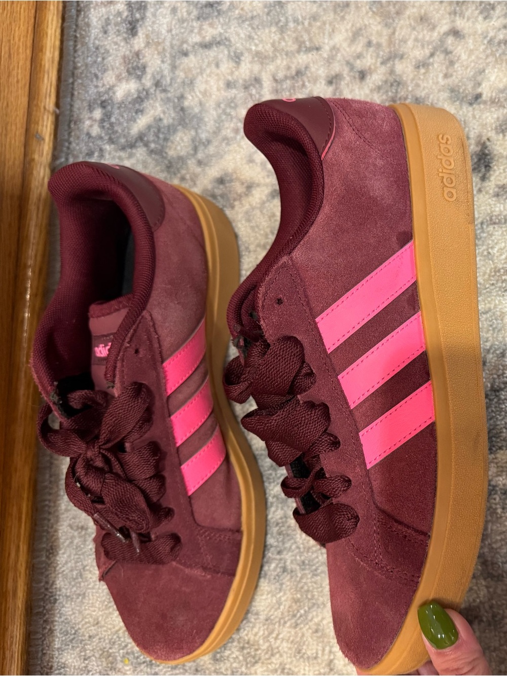 adidas Women’s Burgundy Suede Sneakers with Pink Stripes